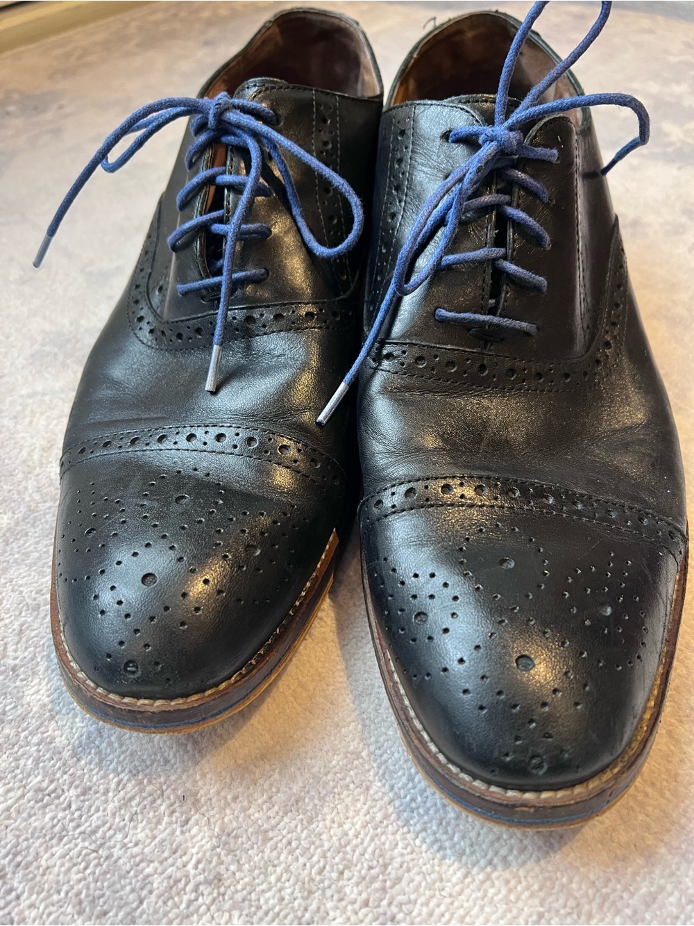 Johnston & Murphy Black Leather Wingtip Oxfords with Blue Laces
